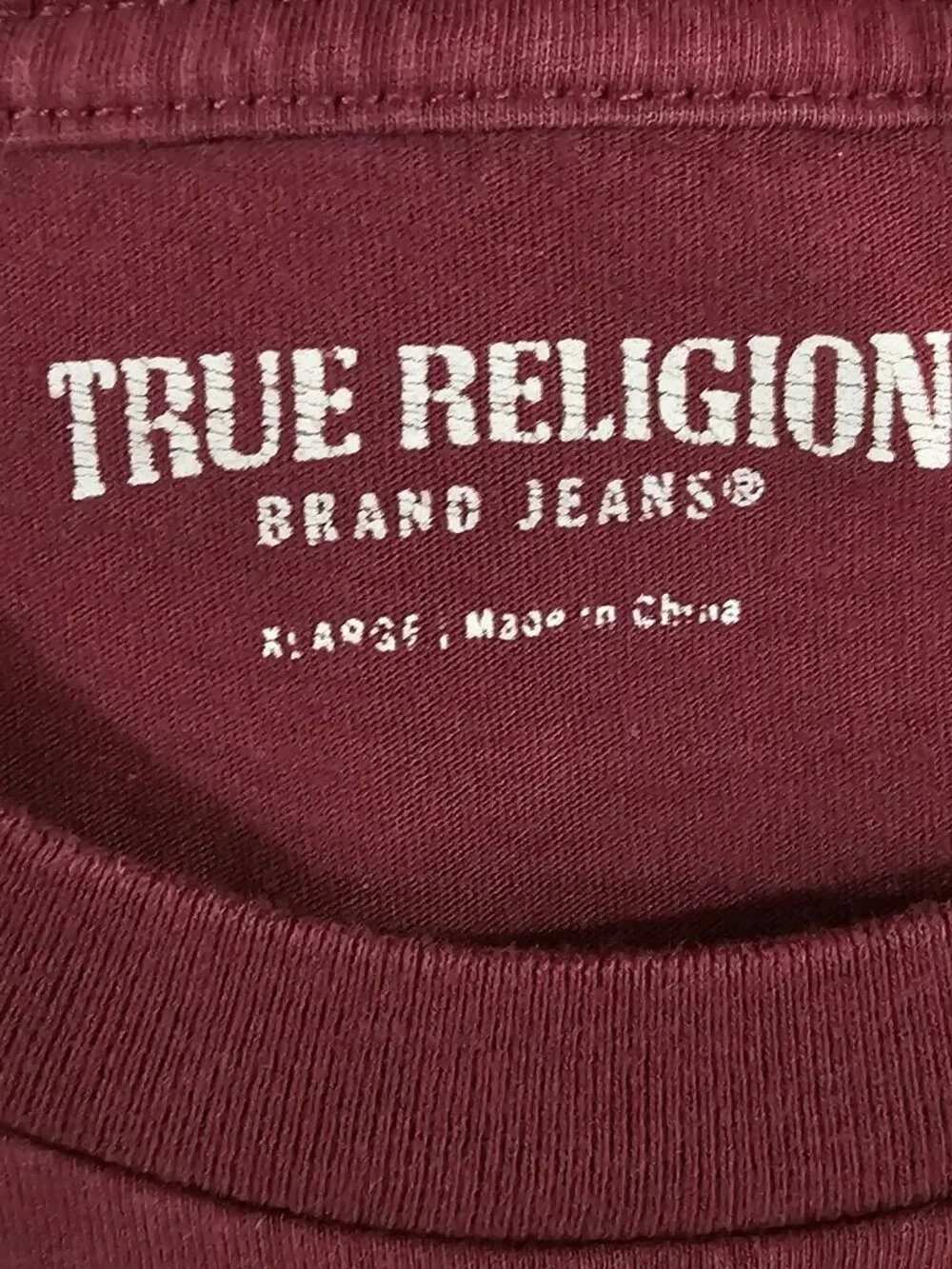 True Religion T Shirt Mens XL Burgundy Red Buddha Logo Graphic Print Short Sleev